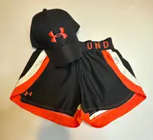 Under Armour Black Orange Athletic Shorts & Baseball Cap Set Women XS HeatGear #