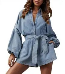 Mable Denim Romper Womens Small Collared Button Up Lantern Sleeve Blue Shorts