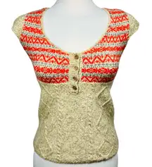 Free People Babydoll Orange Red and Cream Knit Cap Sleeve Sweater Top Size XS