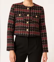 House Of Harlow 1960 Tweed Cropped Gold Button Blazer in Red & Black