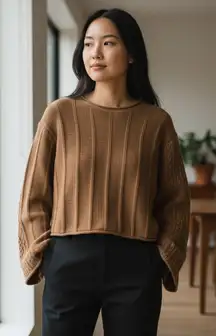 Timing L Rustic Brown Bell Sleeve Cropped Knit Sweater Cottage Boho Fall Cozy