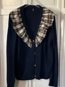 NWOT English Factory Navy Cardigan with Plaid Ruffle Size M