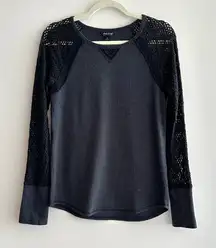 Lucky Brand Waffle Knit Thermal Crochet Eyelet Lace Sleeves, Grey/Black, Med