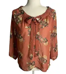 Milk & Honey Boho Floral Blouse M Dark Pink Tie Neck Sheer Balloon Sleeves