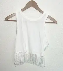 Shein White Ribbed Fringe Bottom Racerback Tank Top