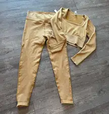 AERIE offline mustard yellow Tan Ribbed Knit Leggings and Crop Top Set