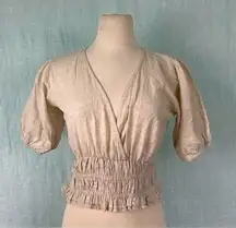 Sim & Sam  linen blend peasant cropped blouse puffy sleeve ruched waist size M