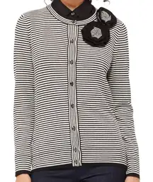 Kate Spade Women’s Sz M Black White Stripe  Rosette Floral Button Front Cardigan