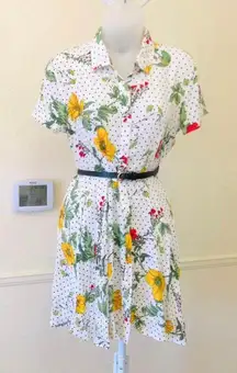 Floral polkadog collared button up down shirt  dress (belt not included)