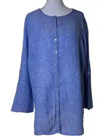 Tahari 100% Linen Blue Heathered Flowy Button Front Tunic Top Blouse Size 1X