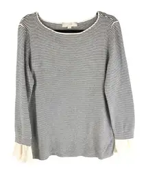 Ann Taylor LOFT Womens Sweater Boat Neck Ruffle Sleeve Striped Black White L