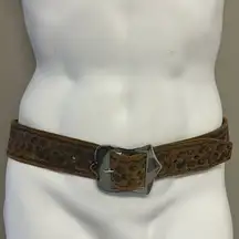 Brown Western Leather Embossed Floral Belt with Shiny Silver Hardware