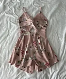 Pink Floral Print Tie Back Twist Peekaboo Front Romper