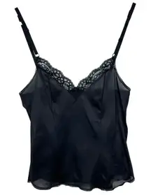 Vintage Black Lace Trimmed Satin Slip Camisole Top Adjustable Straps Delicate