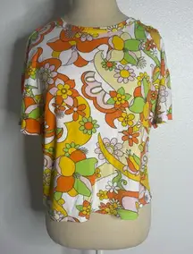 Zara Medium Basic Crop Top Boxy Tee Flower Power Hippie Vibes Geometric Bright