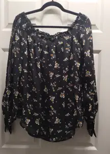 WAYF Size Large Black Yellow Floral On or Off Shoulder Long Tie Sleeves Top