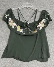 Lovefire Women's‎ Top Size Med Lace Floral Embroidered Dark Green Off Shoulder