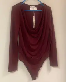 She + Sky Women's Long Sleeve Cowl Neck Body Suit Burgundy Medium
