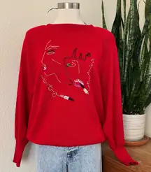 Vintage 90s Abstract Art Face Beaded Sweater Red Statement Knit Large