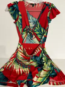 Fashion Nova Tropical Red and Green Leaf Print Romper Shorts 