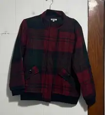 Serengeti tartan plaid red green wool blend bomber coat medium
