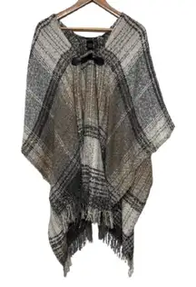 Cejon Beige Grey Tweed Blanket Poncho Wrap W/ Faux Leather Toggle One Size