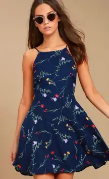 Flower of the Flock Navy Blue Floral Print Skater Dress - M