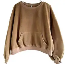 Nap Loungewear Teddy Sweatshirt Drop Sleeve Kangaroo Pocket Pullover Tan M