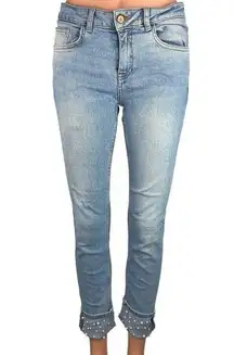 Zara Basic Blue Light Wash Beaded Pearl Cuffed Hem Mid Rise Skinny Jeans Size 6