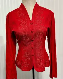 VTG Karin Stevens Petites Red Beaded Embroidered Jacket Blazer 8P 10P Holiday