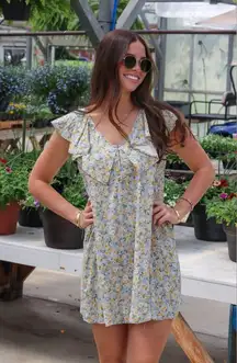 Hem & Thread NWT Peony Floral Ruffle Mini Dress Blue and Yellow Linen Size Small