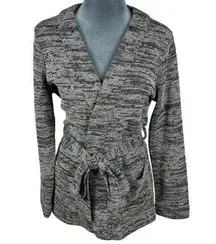 J.Crew Open Front Belted Cardigan Sweater Size Small Black White Pockets Cozy