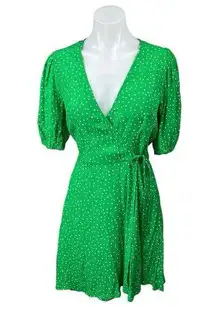 A New Day Green White Polka Dot Half Sleeve V Neck A Line Mini Wrap Dress Size S