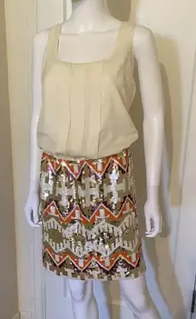 Jessica‎ Simpson Contrast Dress Creme Multi Sequin Tribal Print Skirt, 6