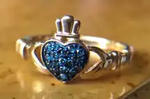 Natural Blue Diamond Sterling Silver Yellow Gold Vermeil Claddagh Ring Size 7