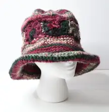 Crochet‎ Bucket Hat Handmade Burgundy Green Floral Grannycore Womens Slouchy