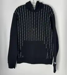 Champion Black Hoodie Medium Vertical Repeat Logo Stripe Print Kangaroo Pocket  
