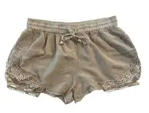 Raya Sun Women's Small Linen Blend Beige Shorts Lace Trim Detail