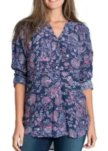 Nine West Jeans Georgia Blouse Floral V Neck Purple Size Large Viscose
