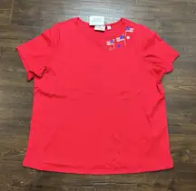 Quacker Factory Plus Red Rhinestones & Studs Embroidered Flag USA Shirt Top 1X