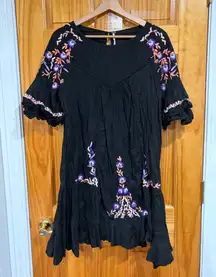 Free People Pavlo Embroidered Boho Peasant Dress Black Floral Cotton M