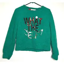 Green Sherpa Women's Christmas "WHAT THE ELF" Sequin Sweatshirt M Soft Festive