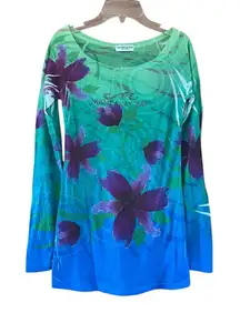 Mandalay Bay Las Vegas Floral Long Sleeve Top Green Blue