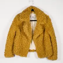 Little Moon Faux Vegan Shaggy Fur Open Front Collared Jacket Yellow XXS