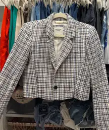 Abercrombie Cropped Navy Tweed Plaid Blazer