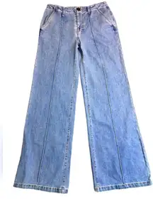 Wide Leg High Rise Jeans Flattering Front Seam Lt Wash NWT size Large Olivaceous