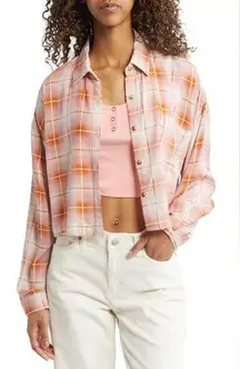 BP Plaid Crop Button-Up Shirt XX-Small PINK TAN PLAID