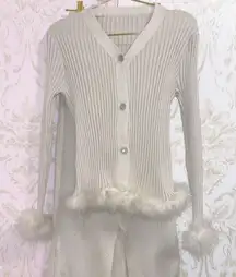 Cream Knit Two Piece Cardigan & Midi Skirt Set with Faux Fur trim Size Small