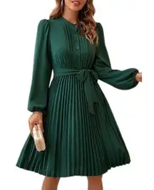 Long Sleeve Pleated Shirt Dress L Dark Green Buttons Puff Sleeves Tie Belt NEW