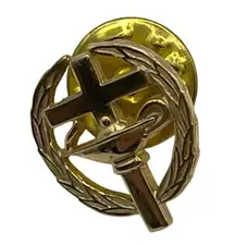 Gold Christian Cross & Lamp Of Knowledge Pin Badge With Laurel Wreath Design